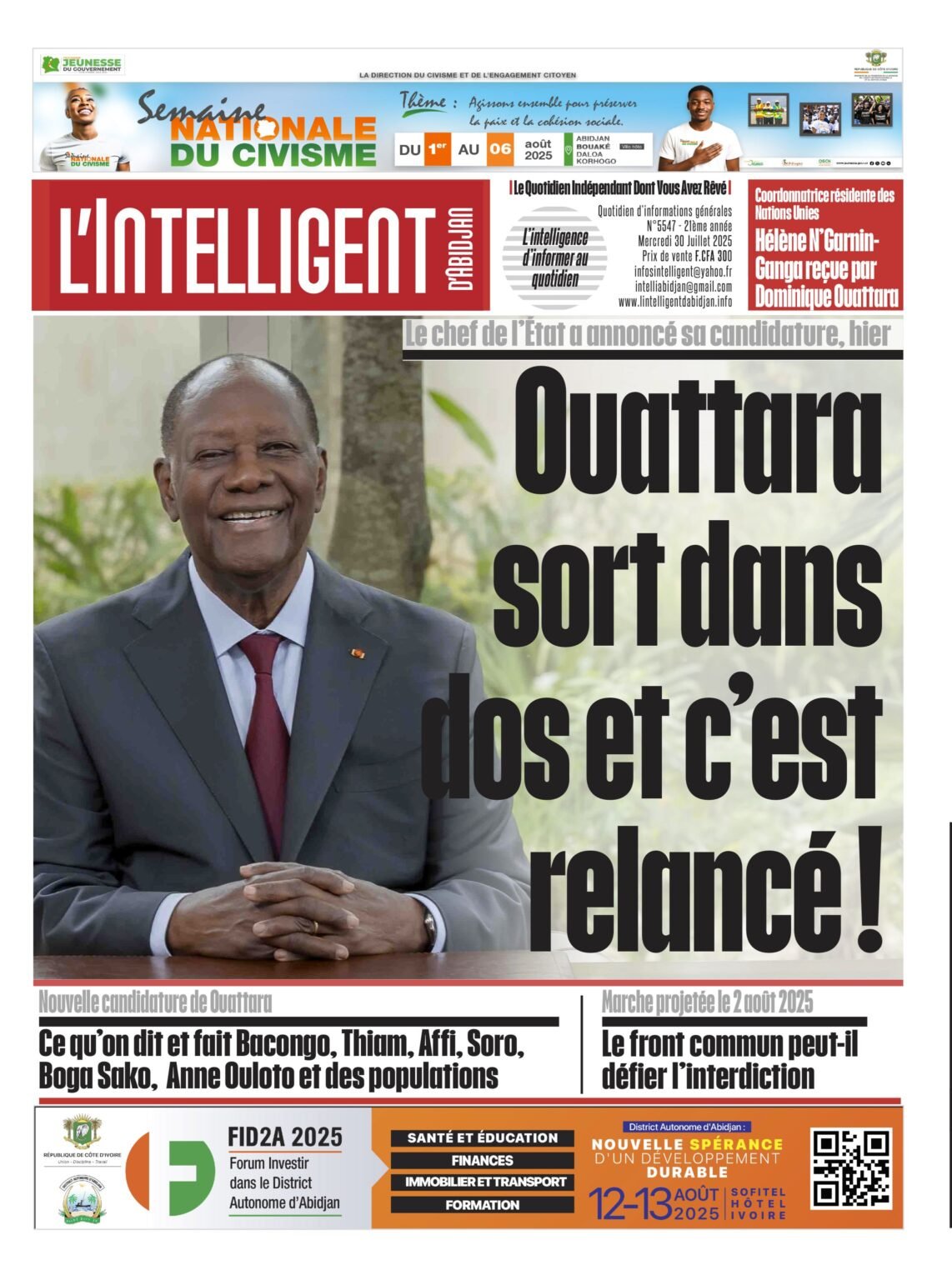 L’Intelligent en PDF : Le chef de l’État a annoncé sa candidature, hier   Ouattara sort dans  dos et c’est relancé !