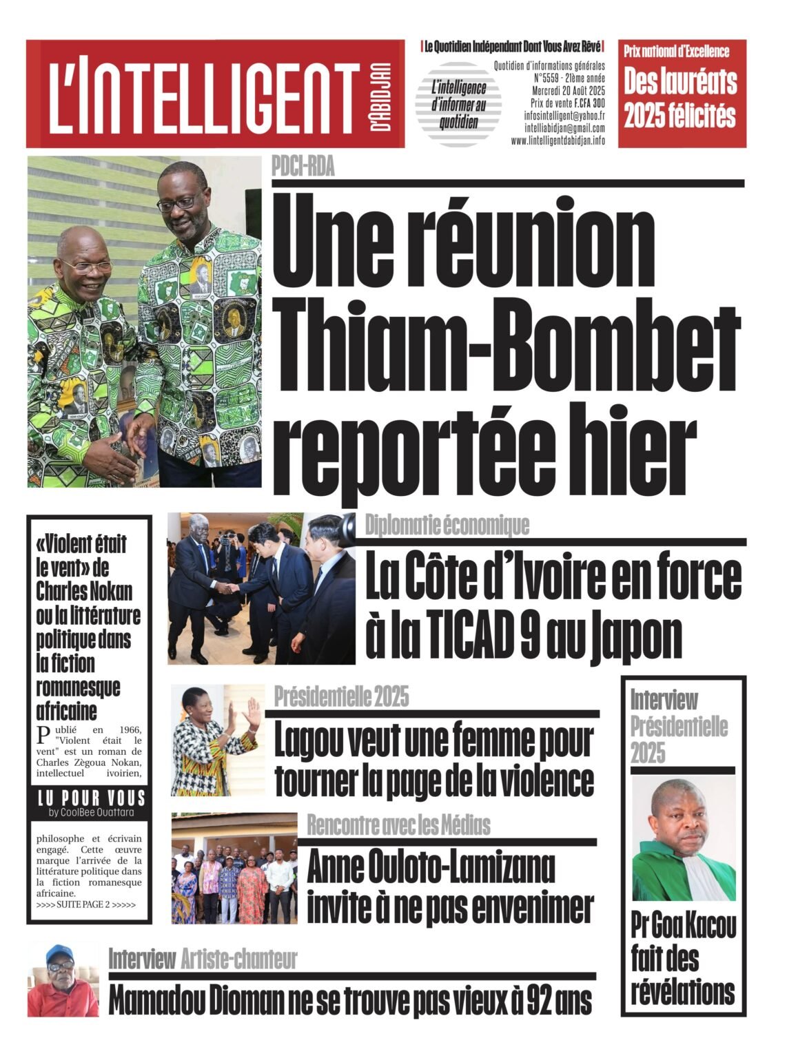 L’Intelligent en PDF:  PDCI-RDA  Une réunion Thiam-Bombet reportée hier