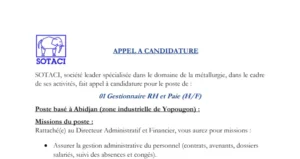 APPEL A CANDIDATURE – 01 Gestionnaire RH et Paie (H/F) – SOTACI