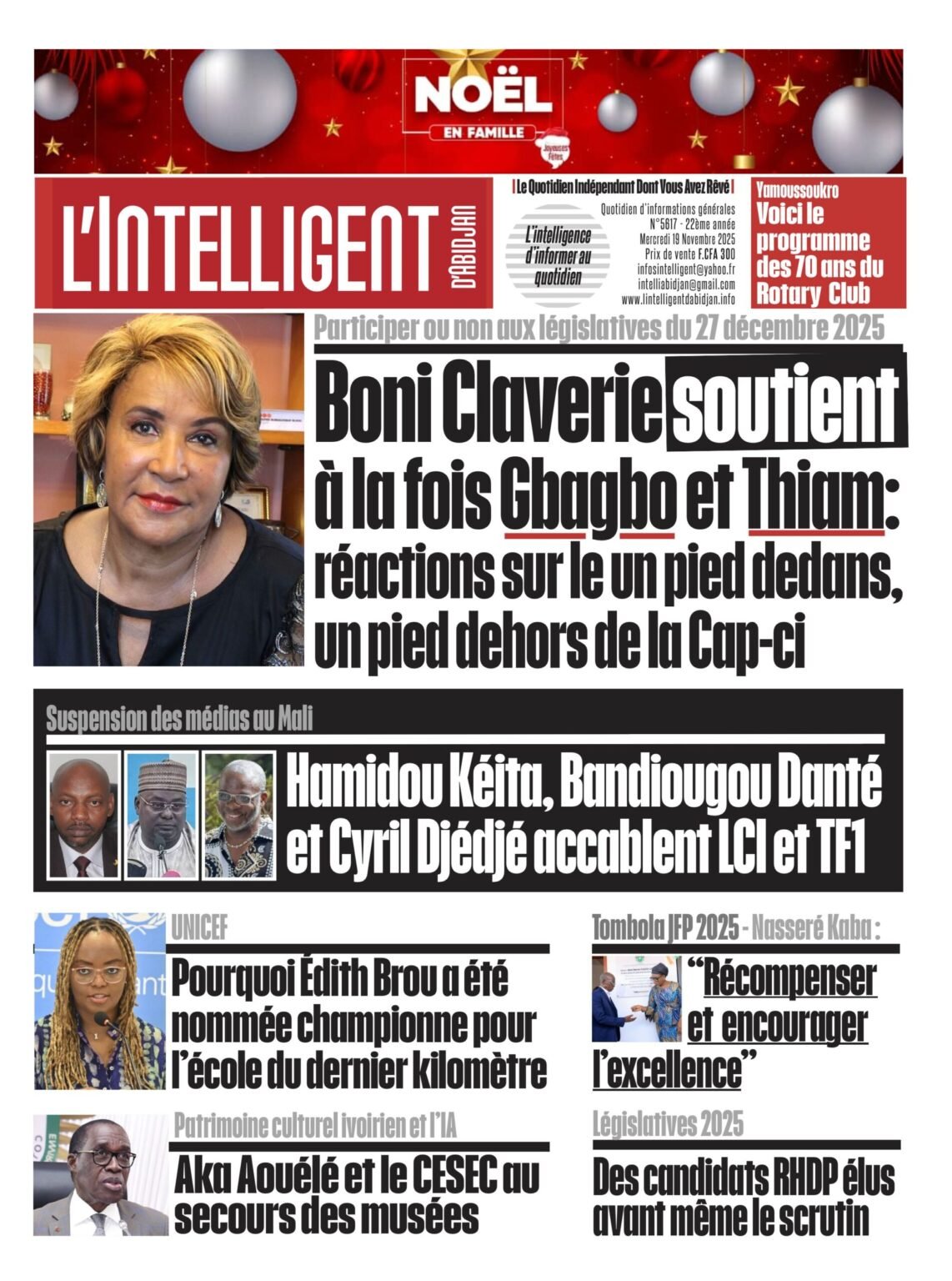 L’Intelligent en PDF:  Participer ou non aux législatives du 27 décembre 2025     Boni Claverie soutient à la fois Gbagbo et Thiam : réactions sur le un pied dedans, un pied dehors de la Cap-ci 