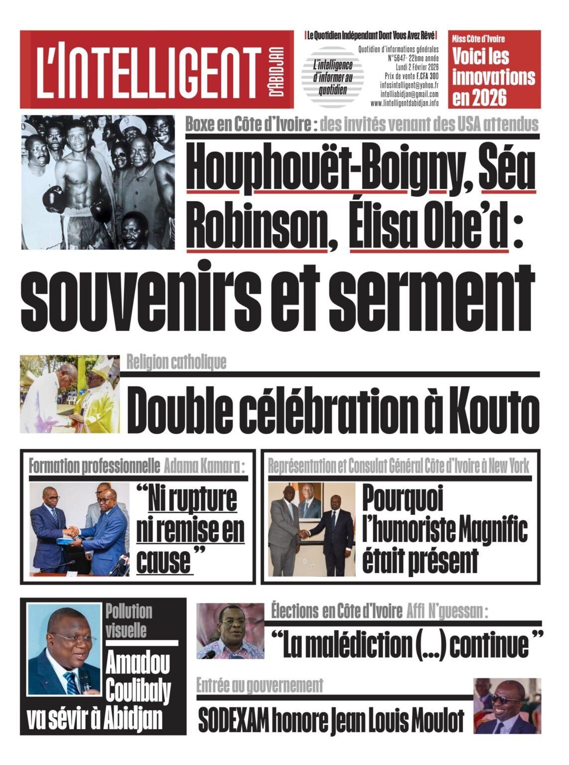 L’Intelligent en PDF:  Boxe en Côte d’Ivoire : des invités venant des USA attendus  Séa Robinson, Houphouët, Élisa Obe’d : souvenirs et serment