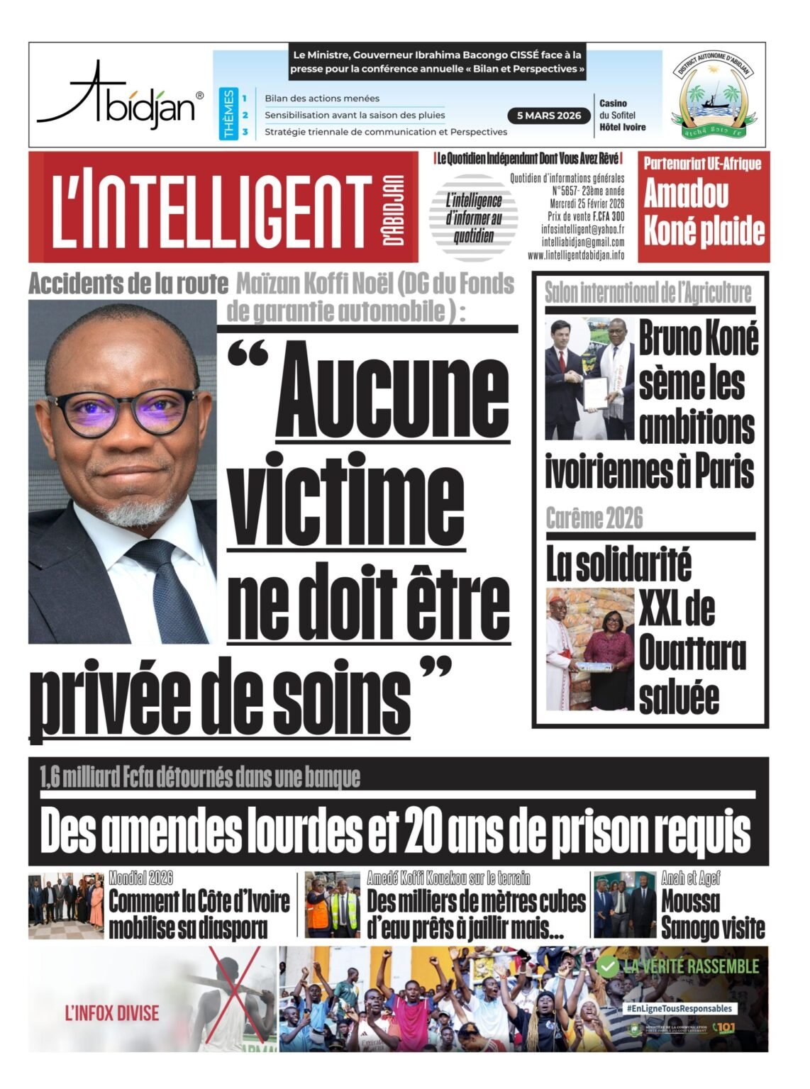 L’Intelligent en PDF: Accidents de la route-Maïzan Koffi Noël (Fonds de garantie automobile) : ” Aucune victime ne doit être privée de soins”