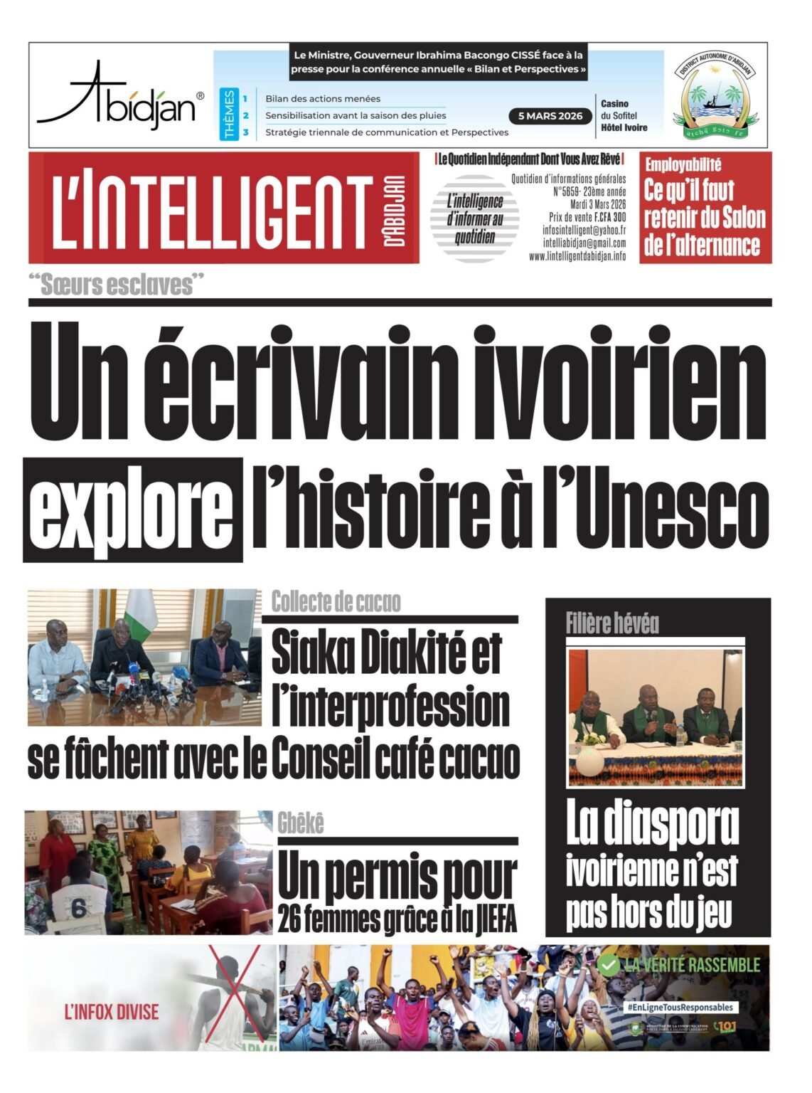  L’Intelligent en PDF: ‘’Sœurs esclaves’’ Un écrivain ivoirien explore l’histoire à l’Unesco  L’Intelligent en PDF: ‘’Sœurs esclaves’’ Un écrivain ivoirien explore l’histoire à l’Unesco