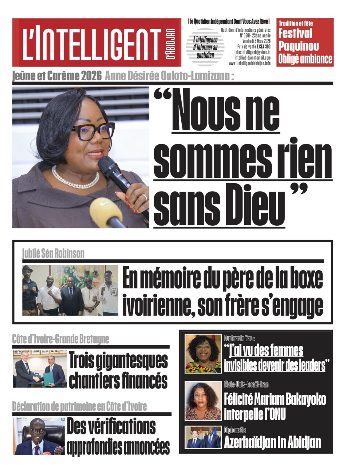  L’Intelligent en PDF :  Jeûne et Carême 2026 – Anne Désirée Ouloto-Lamizana : « Nous ne sommes rien sans Dieu »